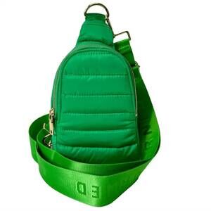 NEW AHDORNED women's eliza quilted puffy sling bag in green apple